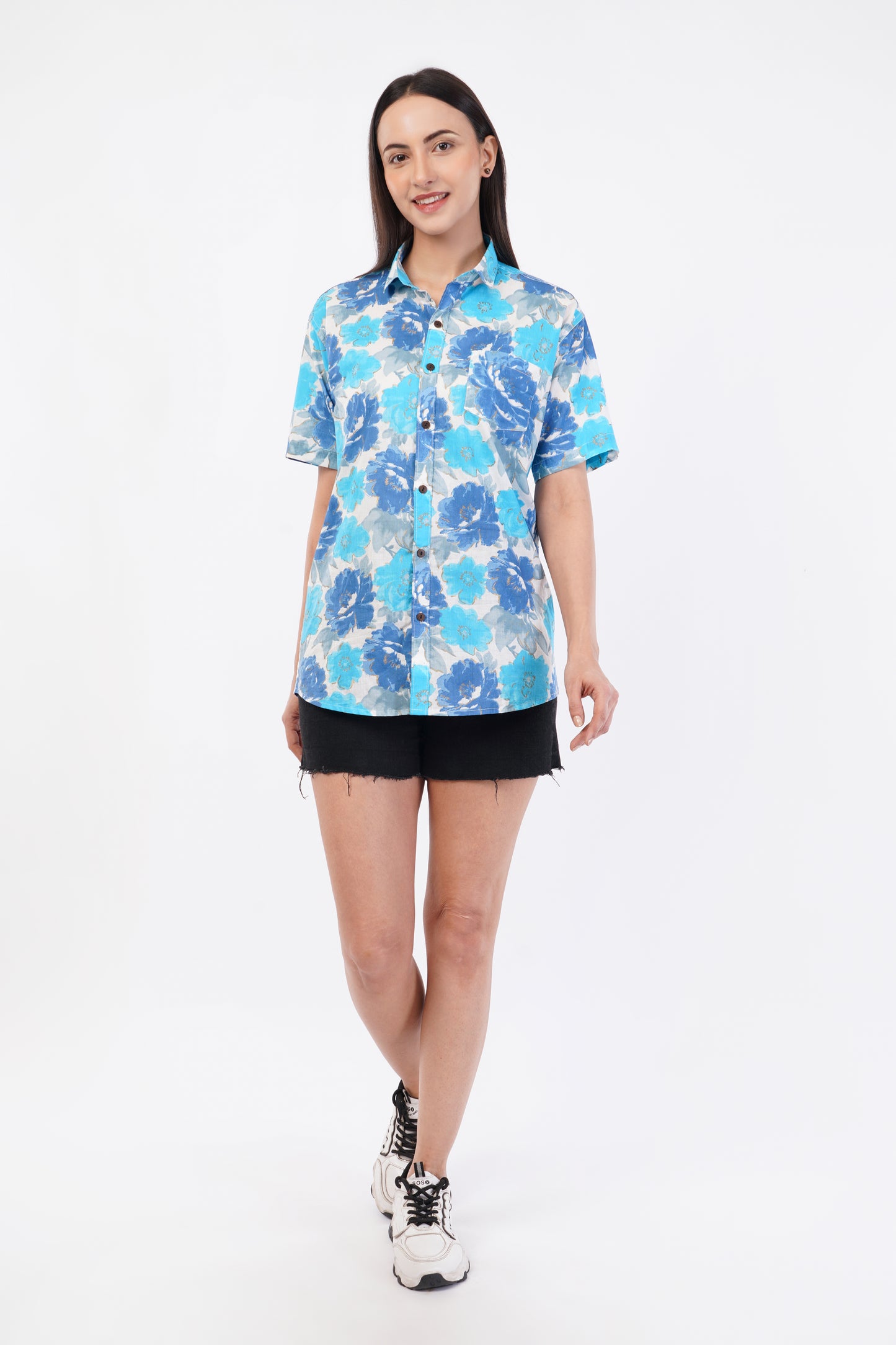 Unisex Blue Big Floral Pattern Sanganeri Shirt