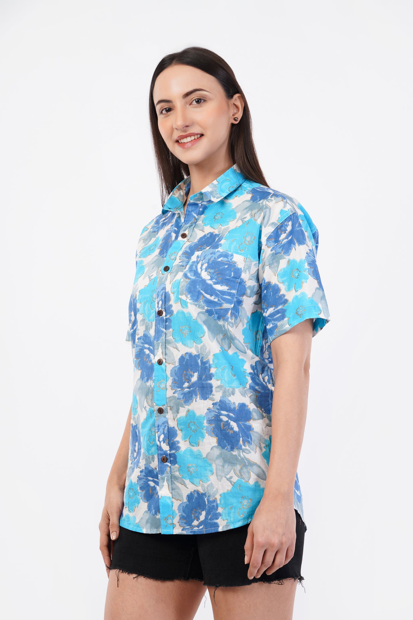 Unisex Blue Big Floral Pattern Sanganeri Shirt