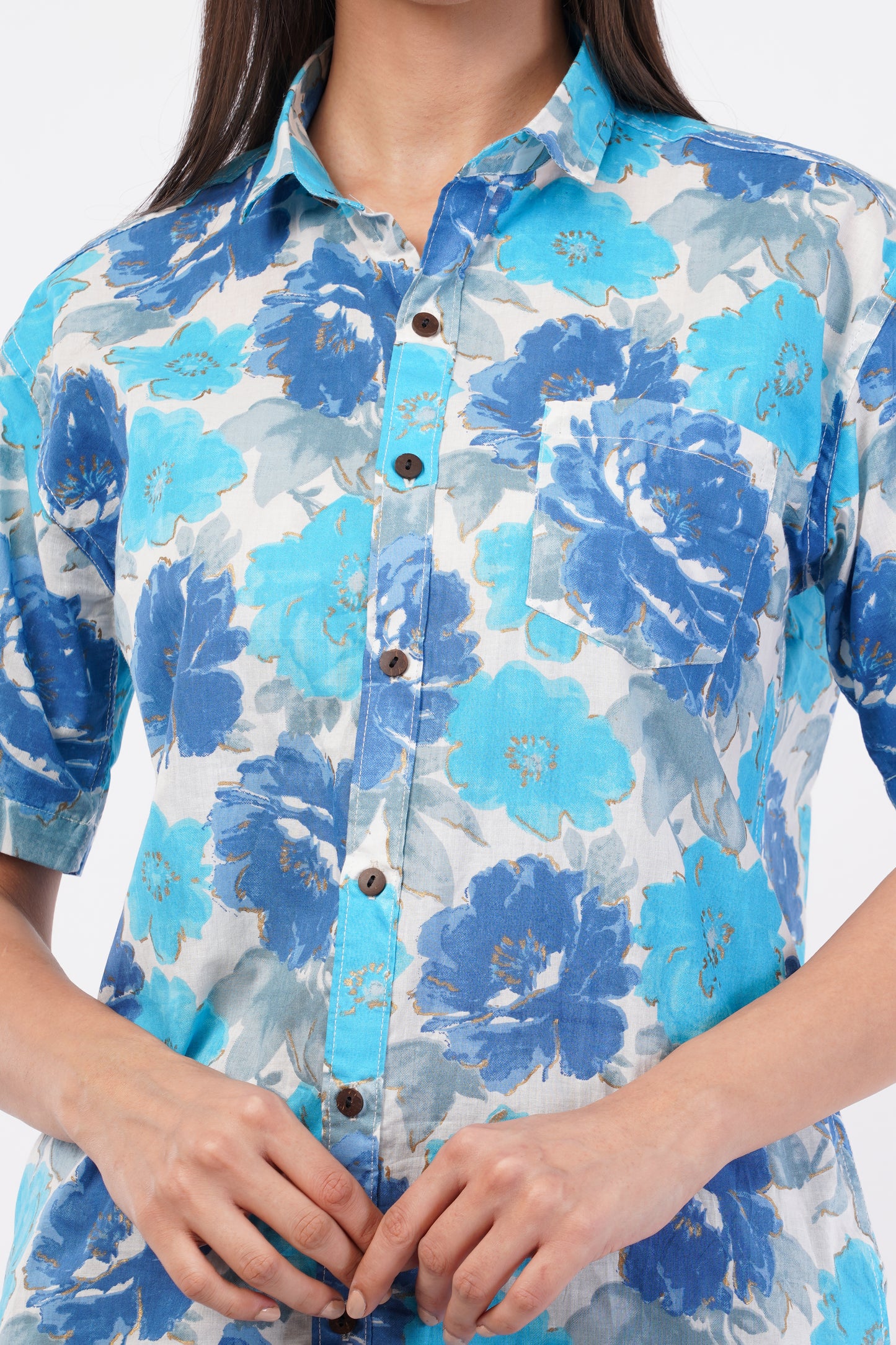 Unisex Blue Big Floral Pattern Sanganeri Shirt