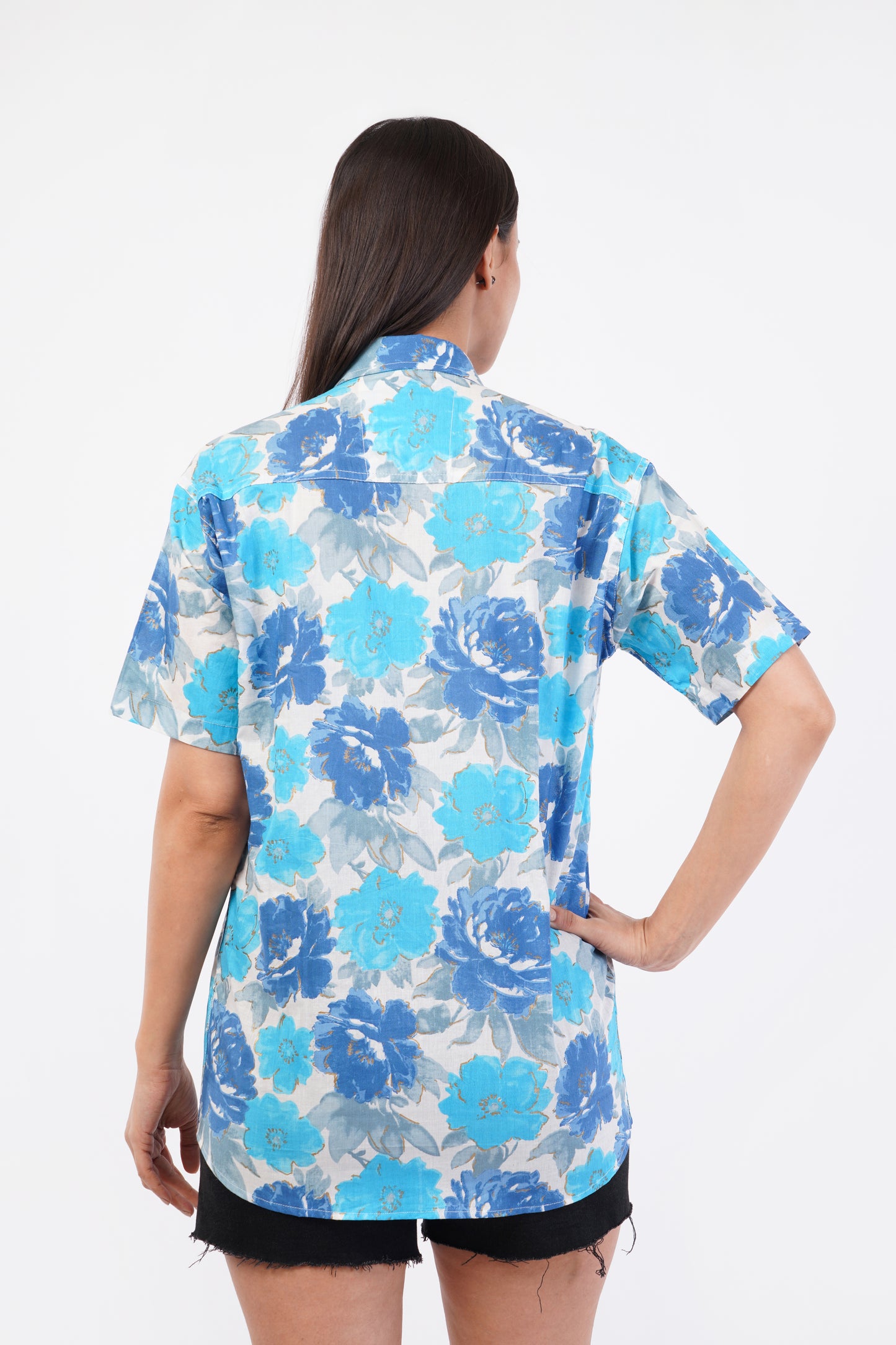 Unisex Blue Big Floral Pattern Sanganeri Shirt