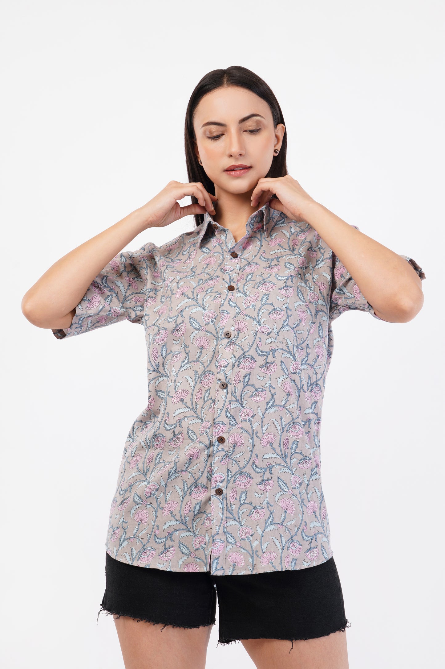 Unisex Grey Small Floral Pattern Sanganeri Shirt