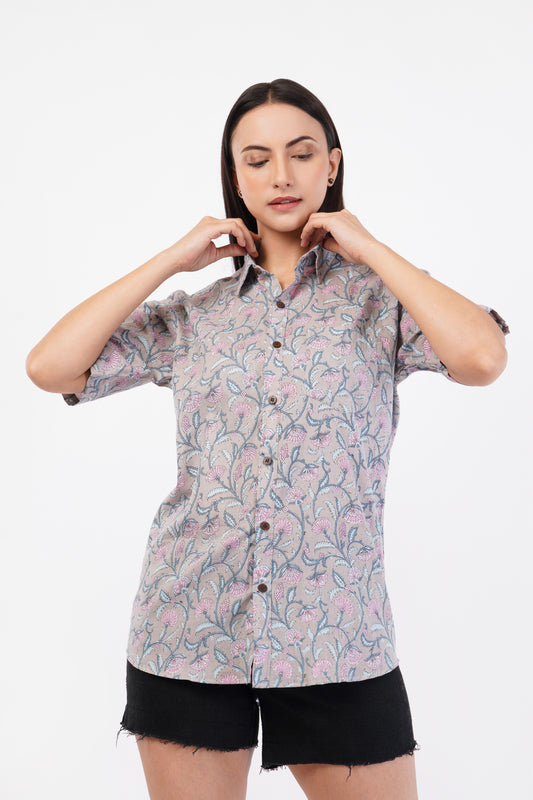 Unisex Grey Small Floral Pattern Sanganeri Shirt