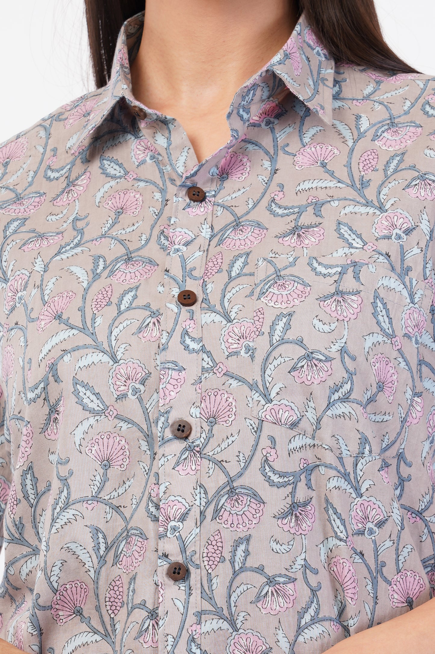 Unisex Grey Small Floral Pattern Sanganeri Shirt