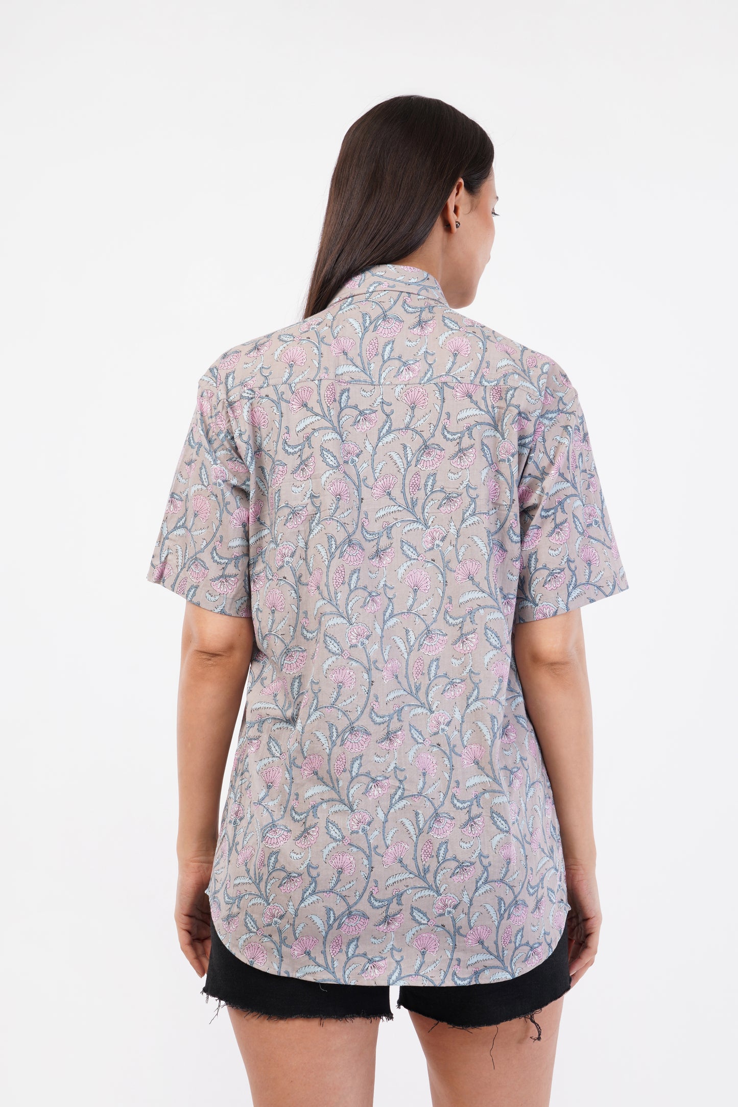 Unisex Grey Small Floral Pattern Sanganeri Shirt