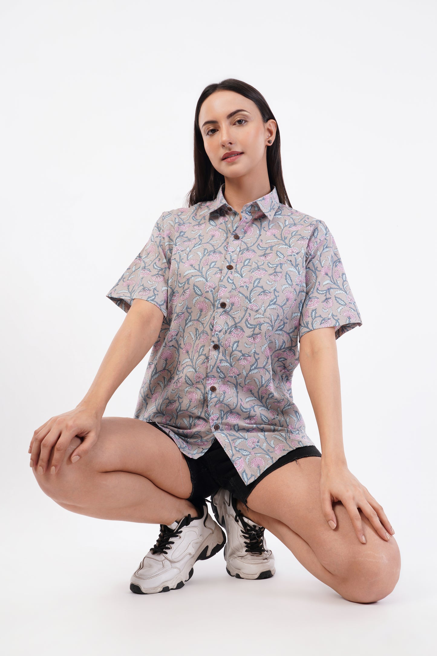Unisex Grey Small Floral Pattern Sanganeri Shirt