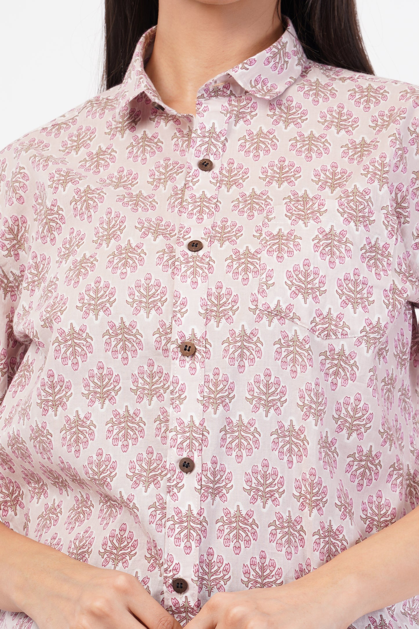 Unisex Pink Small Floral Pattern Sanganeri Shirt