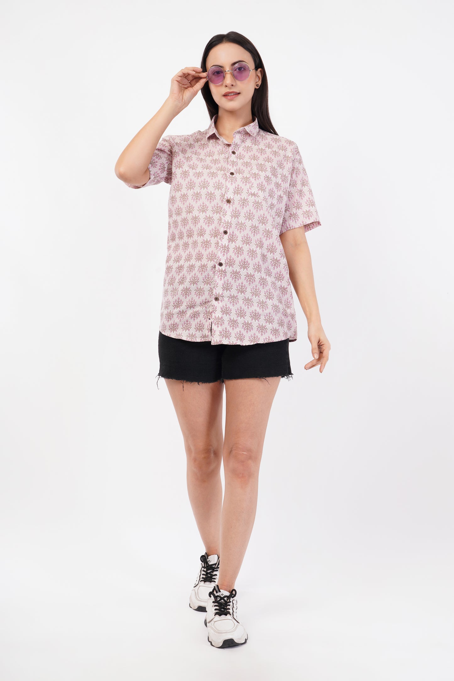 Unisex Pink Small Floral Pattern Sanganeri Shirt