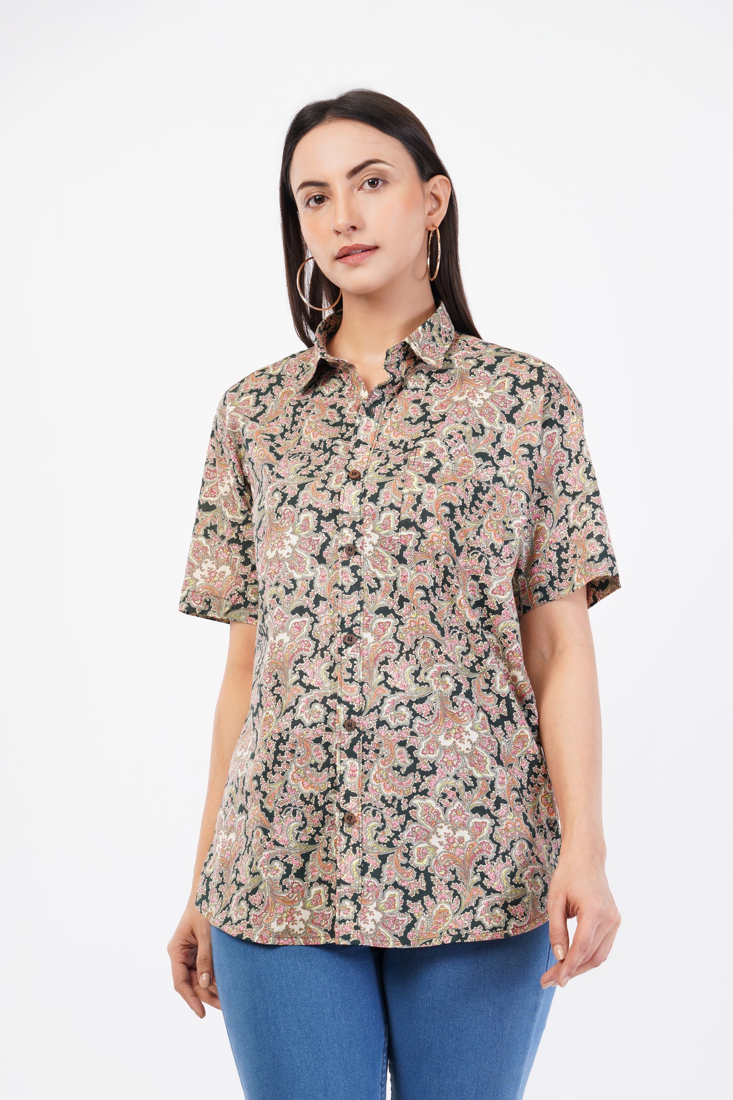 Unisex Dark Green Small Floral Pattern Sanganeri Shirt