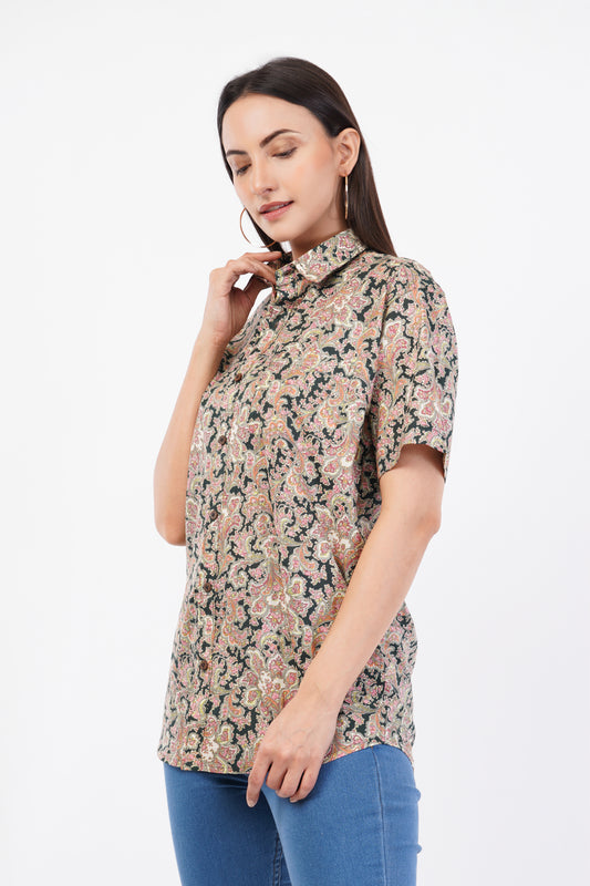 Unisex Dark Green Small Floral Pattern Sanganeri Shirt