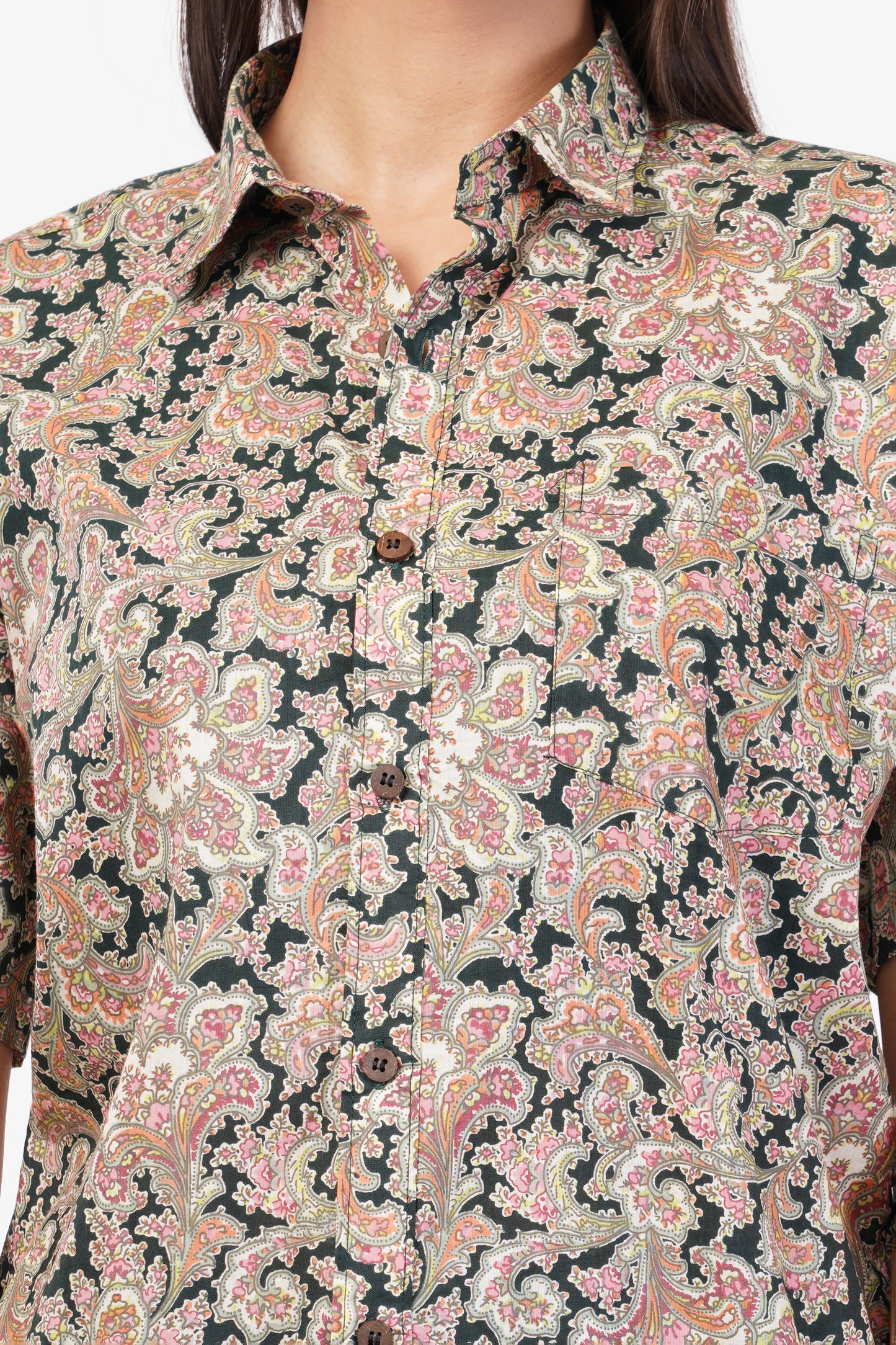 Unisex Dark Green Small Floral Pattern Sanganeri Shirt