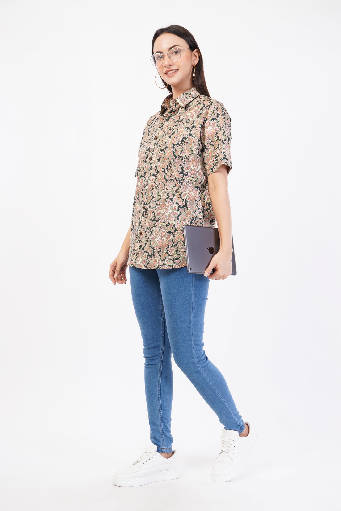 Unisex Dark Green Small Floral Pattern Sanganeri Shirt