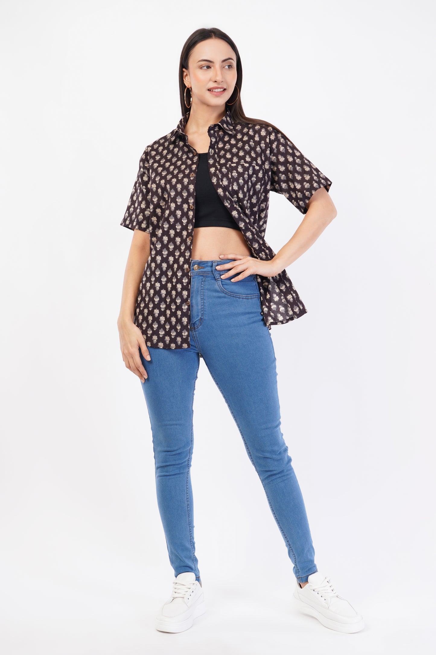 Unisex Brown Small Pattern Sanganeri Shirt