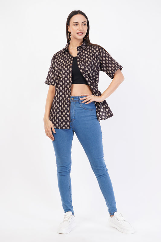 Unisex Brown Small Pattern Sanganeri Shirt