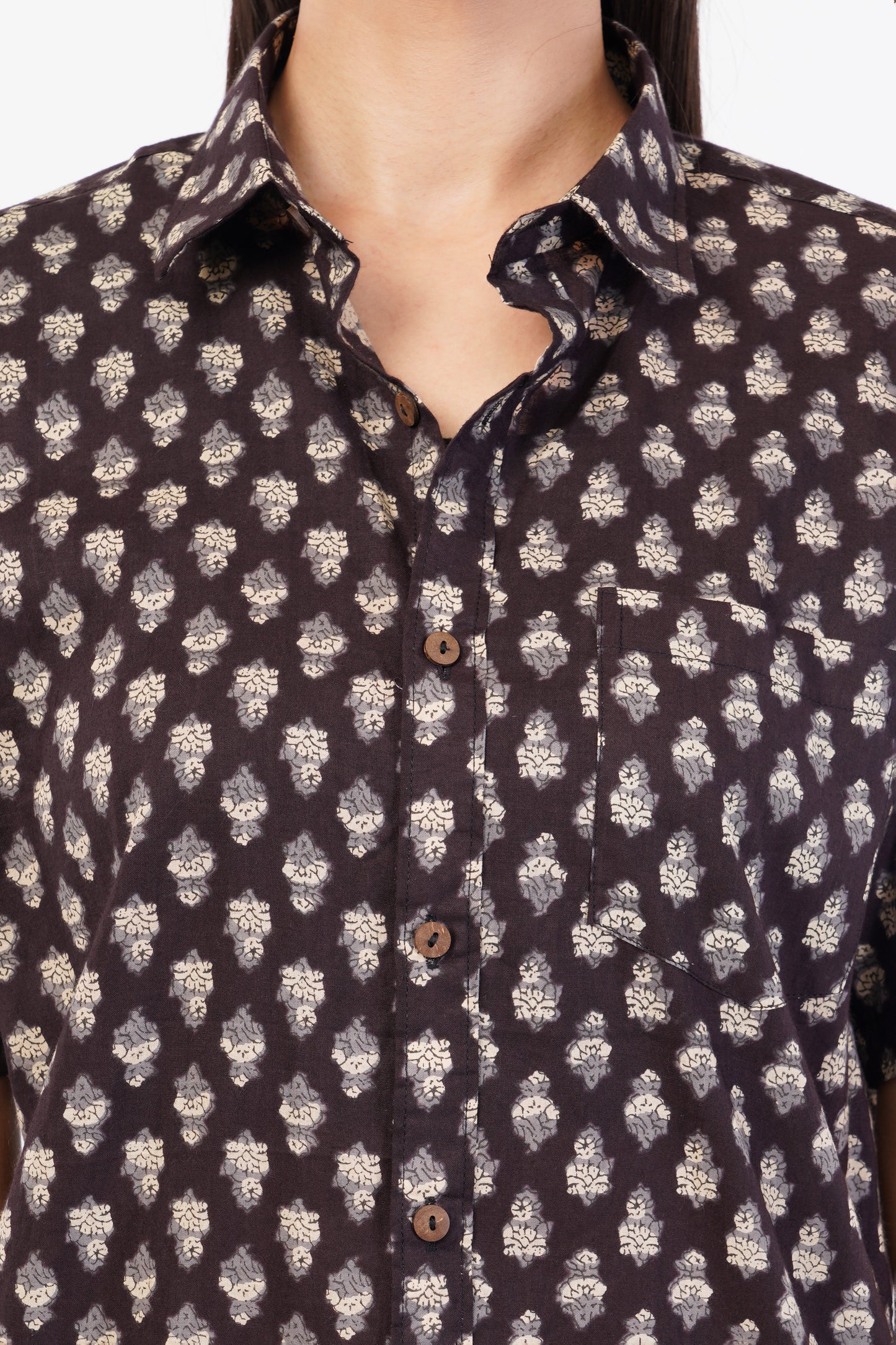 Unisex Brown Small Pattern Sanganeri Shirt