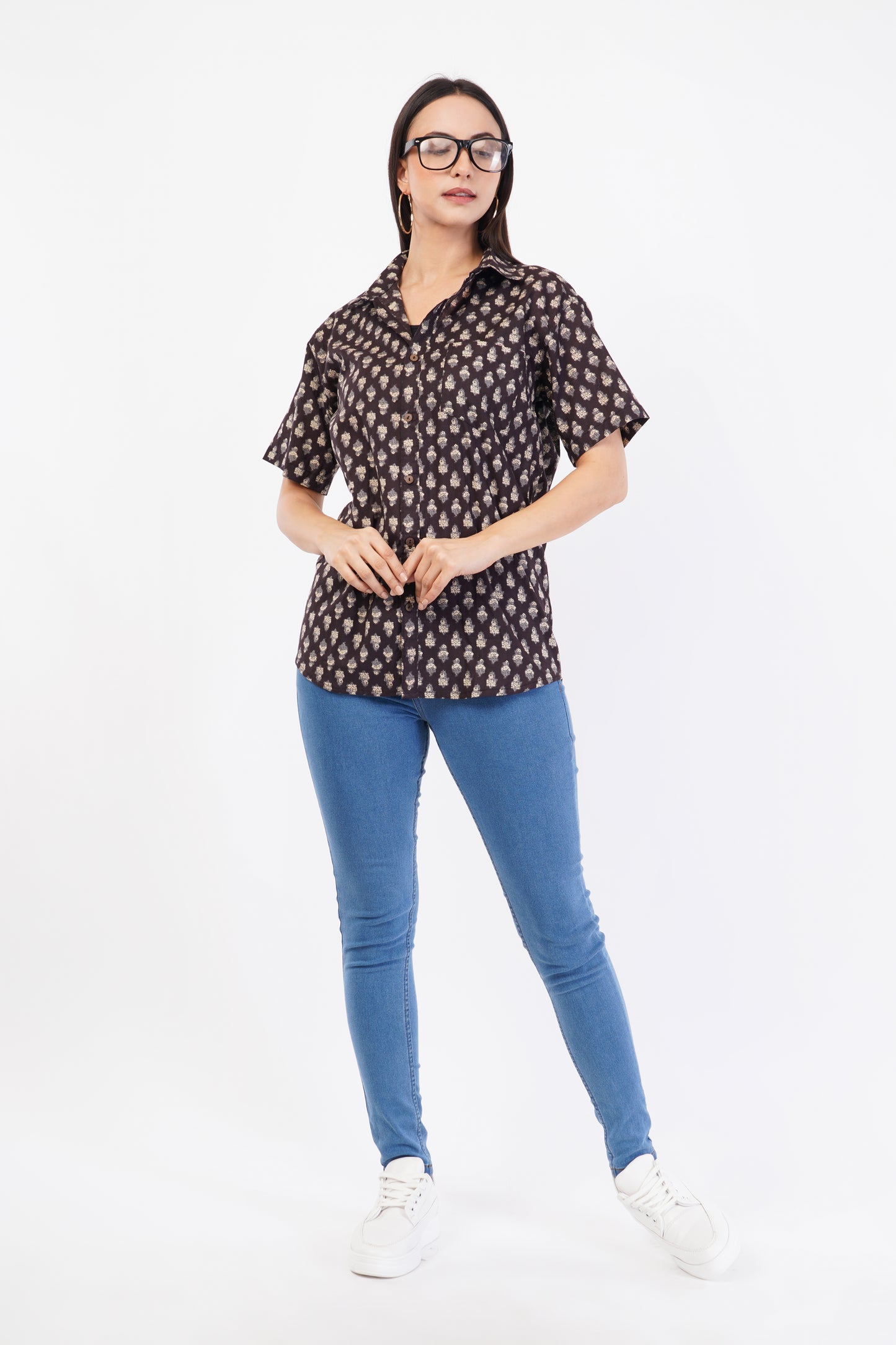 Unisex Brown Small Pattern Sanganeri Shirt