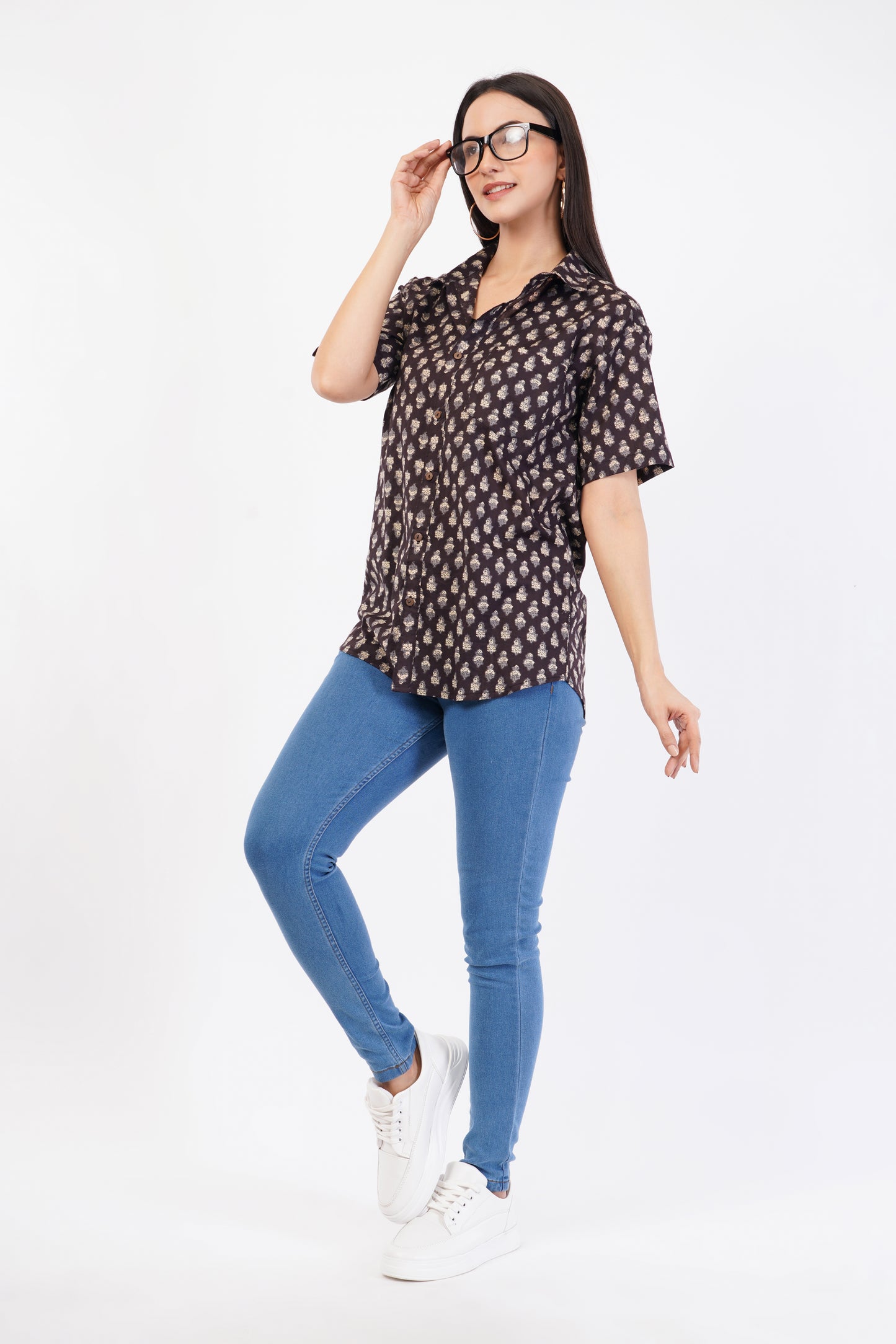 Unisex Brown Small Pattern Sanganeri Shirt