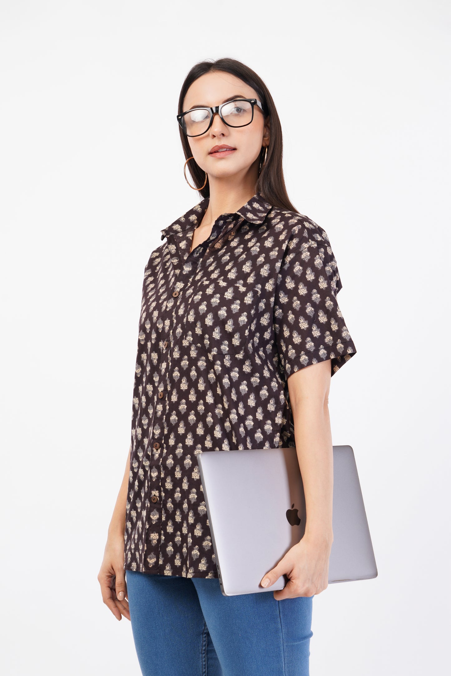 Unisex Brown Small Pattern Sanganeri Shirt