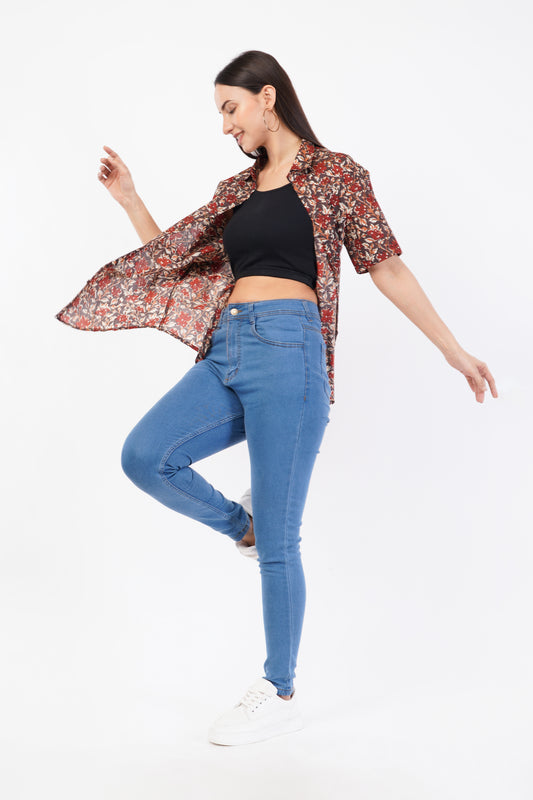 Unisex Brown Small Floral Pattern Sanganeri Shirt