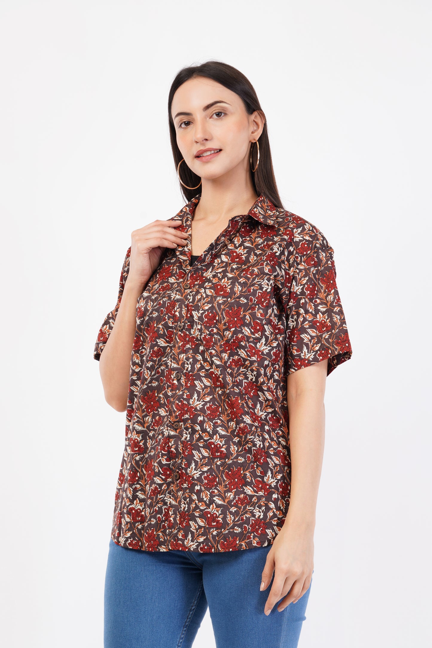 Unisex Brown Small Floral Pattern Sanganeri Shirt