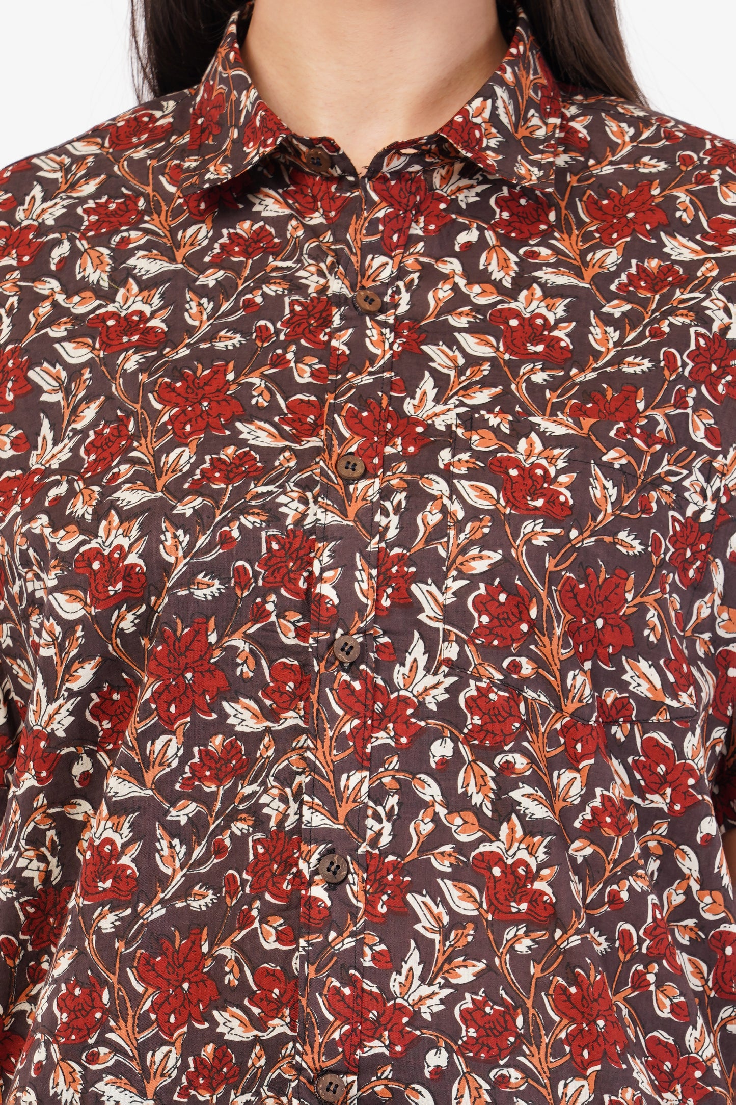 Unisex Brown Small Floral Pattern Sanganeri Shirt