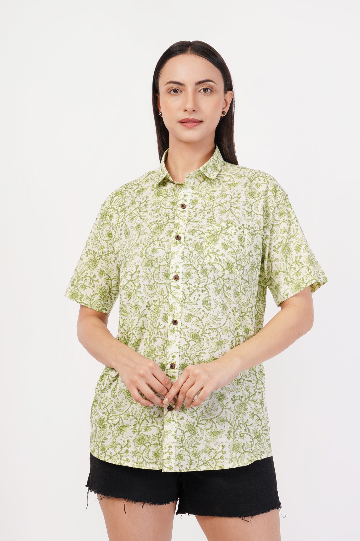 Unisex Green Small Floral Pattern Sanganeri Shirt