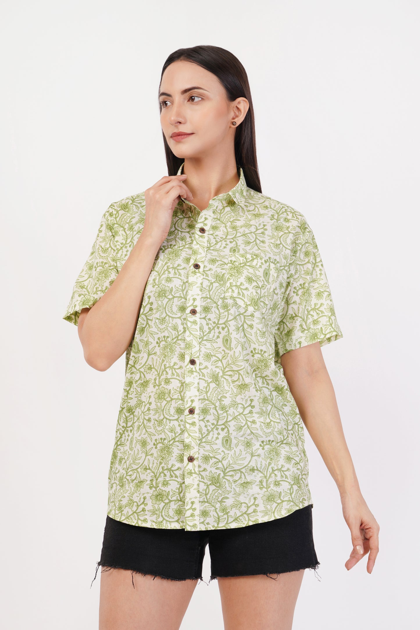 Unisex Green Small Floral Pattern Sanganeri Shirt