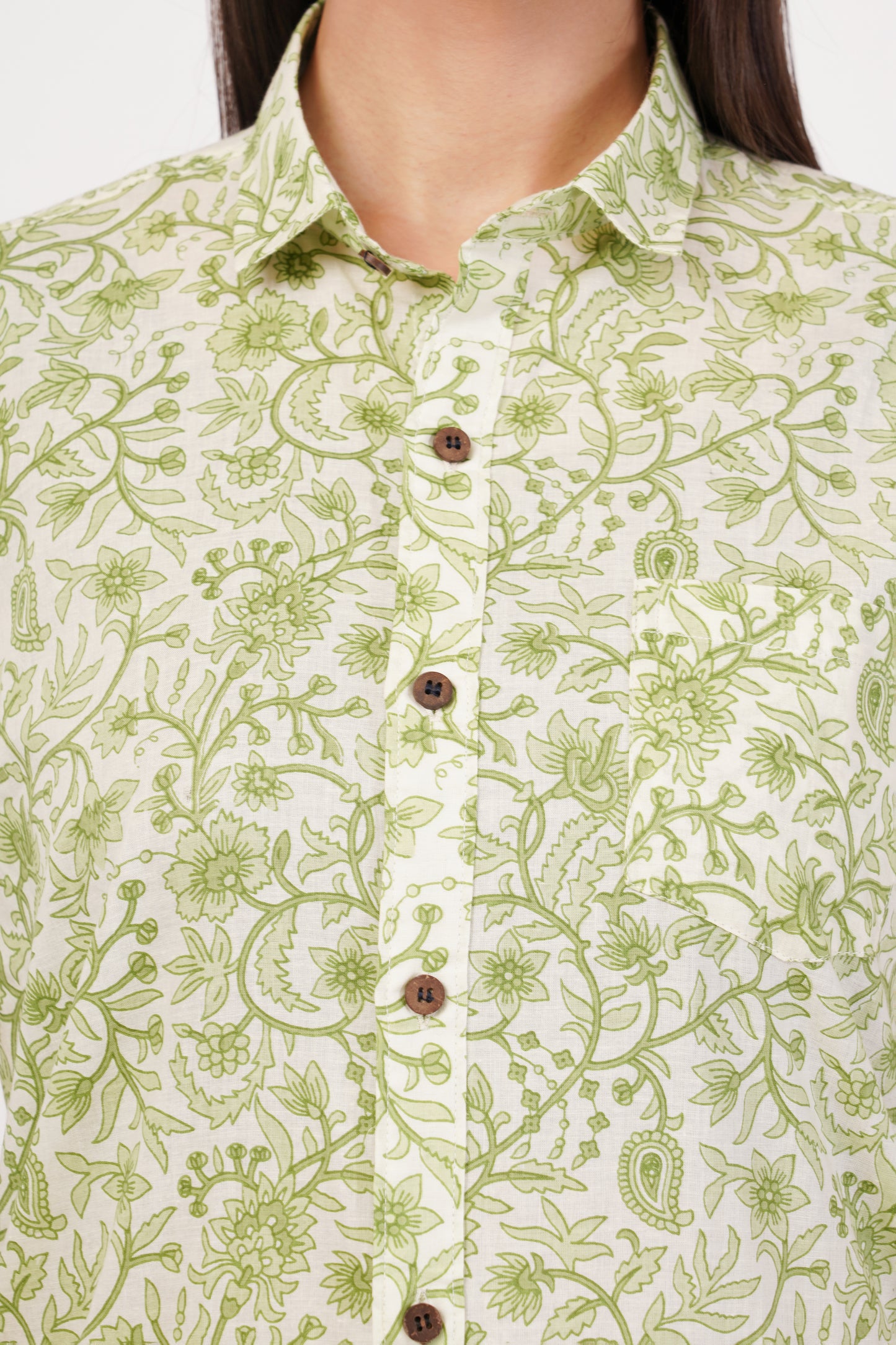 Unisex Green Small Floral Pattern Sanganeri Shirt