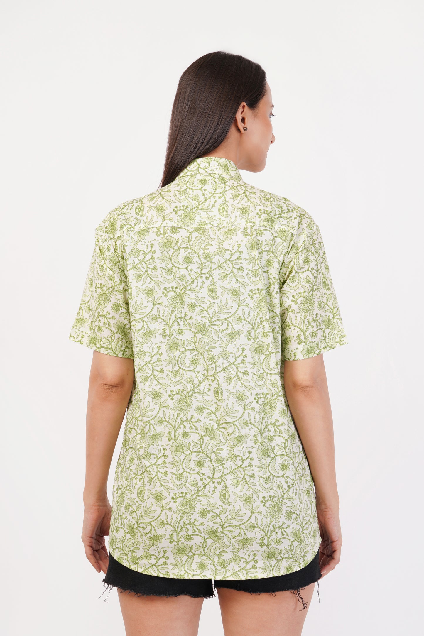 Unisex Green Small Floral Pattern Sanganeri Shirt