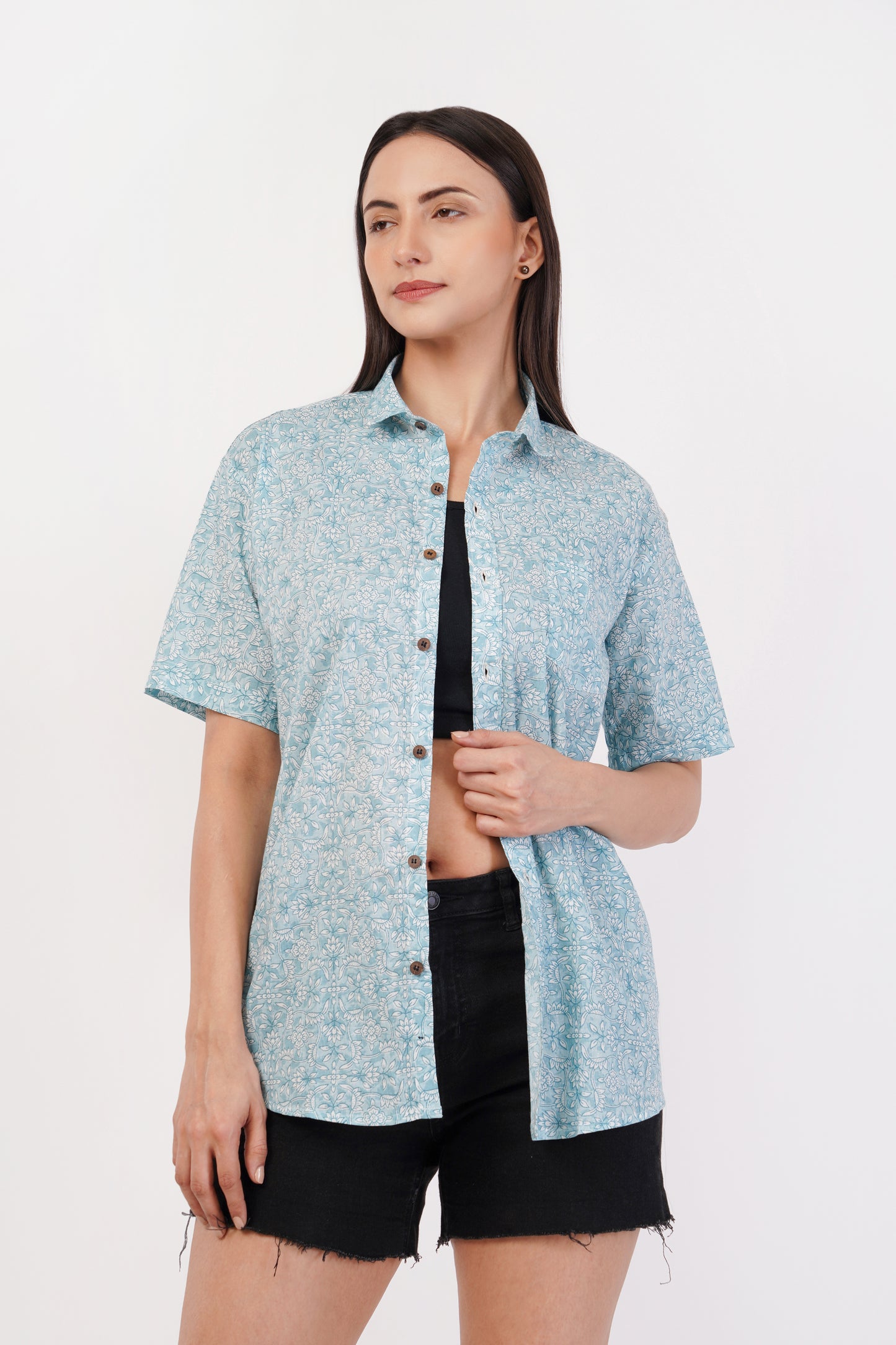 Unisex Blue Small Floral Pattern Sanganeri Shirt