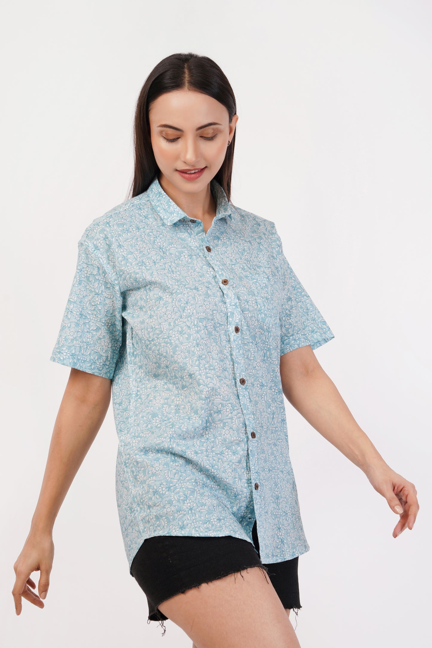 Unisex Blue Small Floral Pattern Sanganeri Shirt