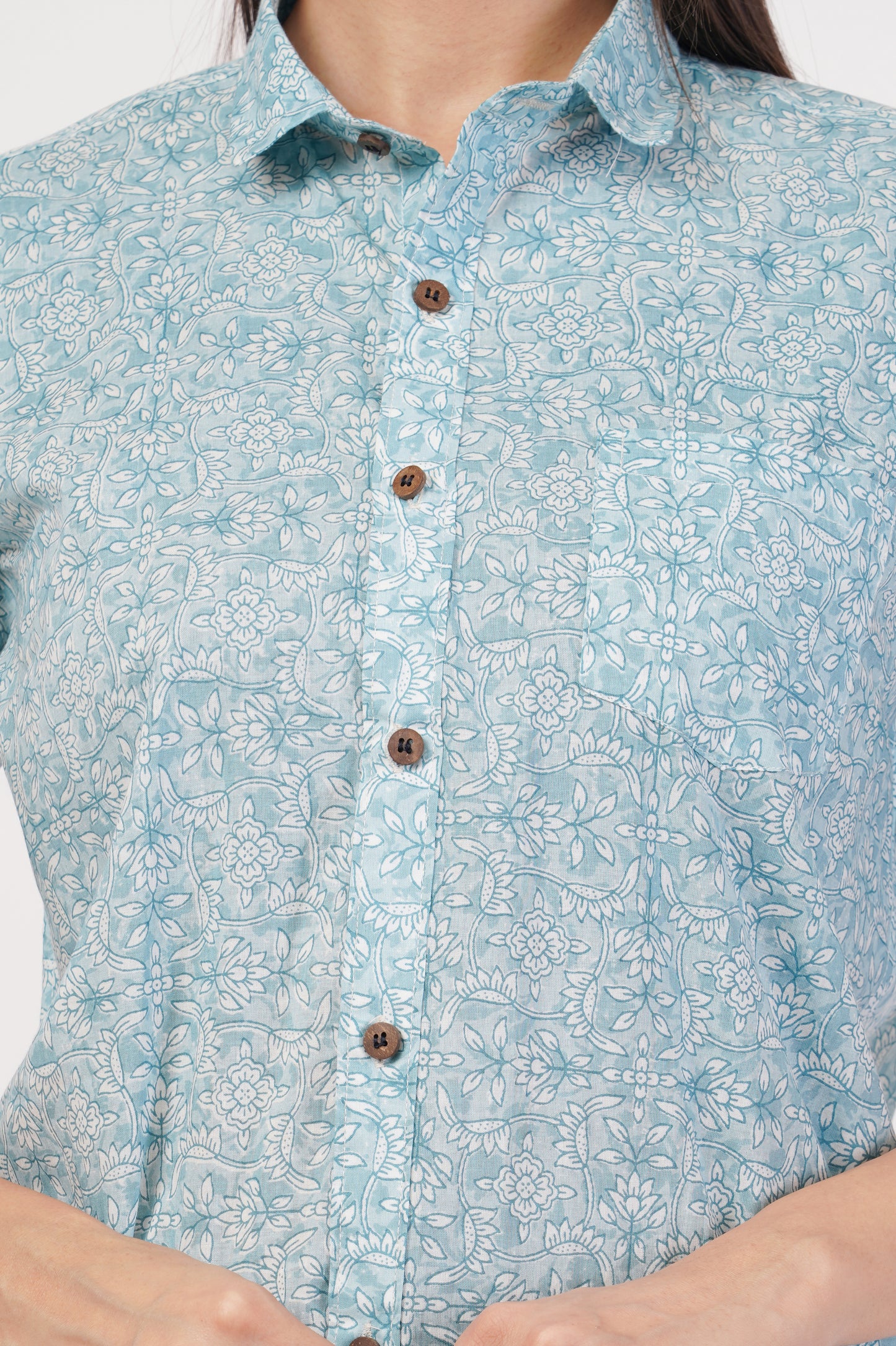 Unisex Blue Small Floral Pattern Sanganeri Shirt