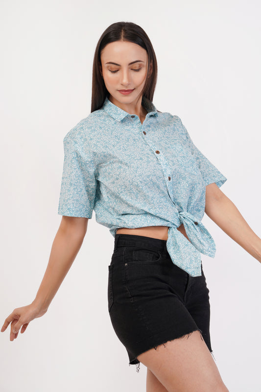 Unisex Blue Small Floral Pattern Sanganeri Shirt
