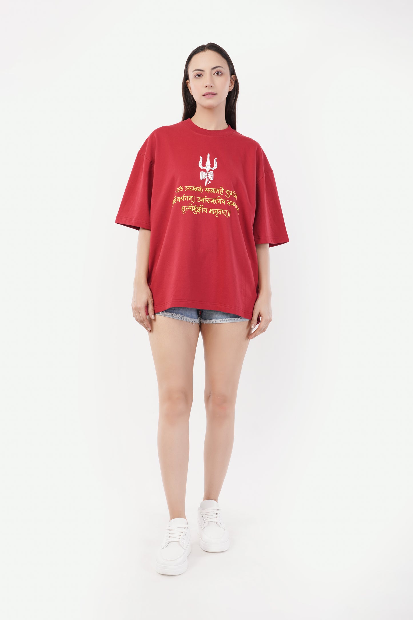 Unisex Full Puff Print "Mahadev" Maroon Oversized T-Shirt
