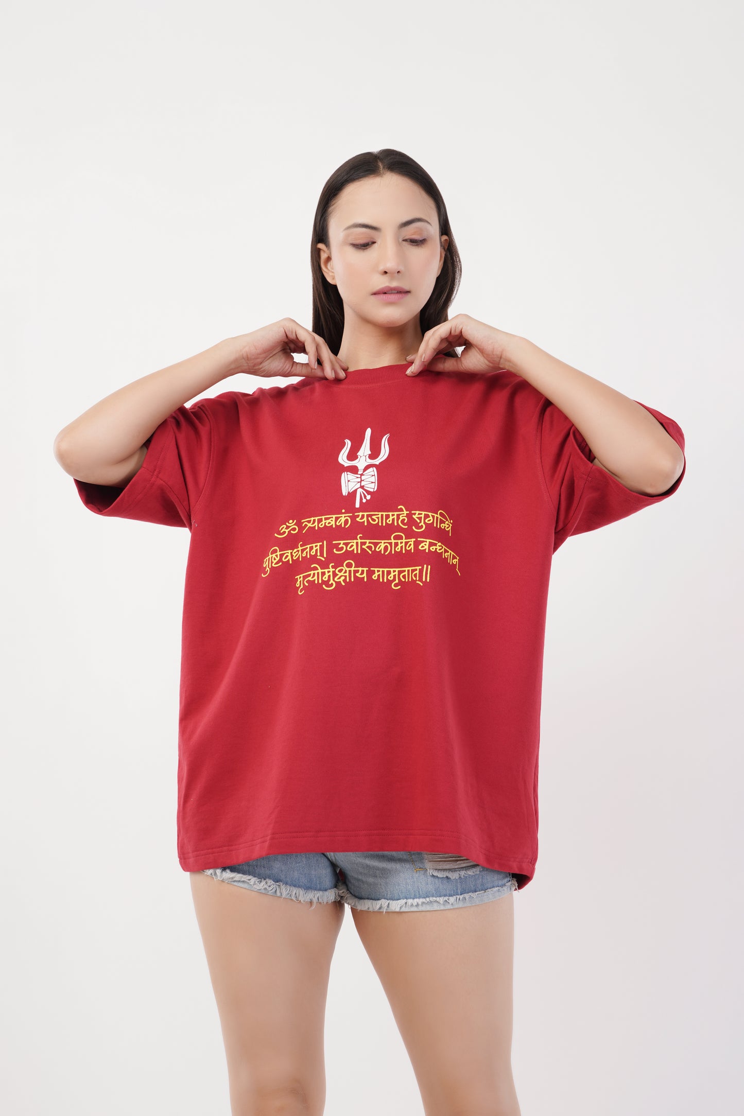 Unisex Full Puff Print "Mahadev" Maroon Oversized T-Shirt