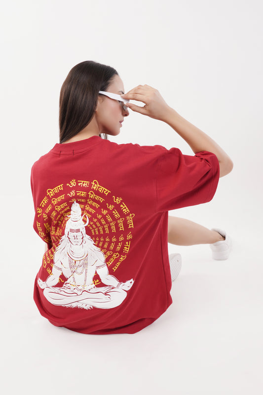Unisex Full Puff Print "Mahadev" Maroon Oversized T-Shirt