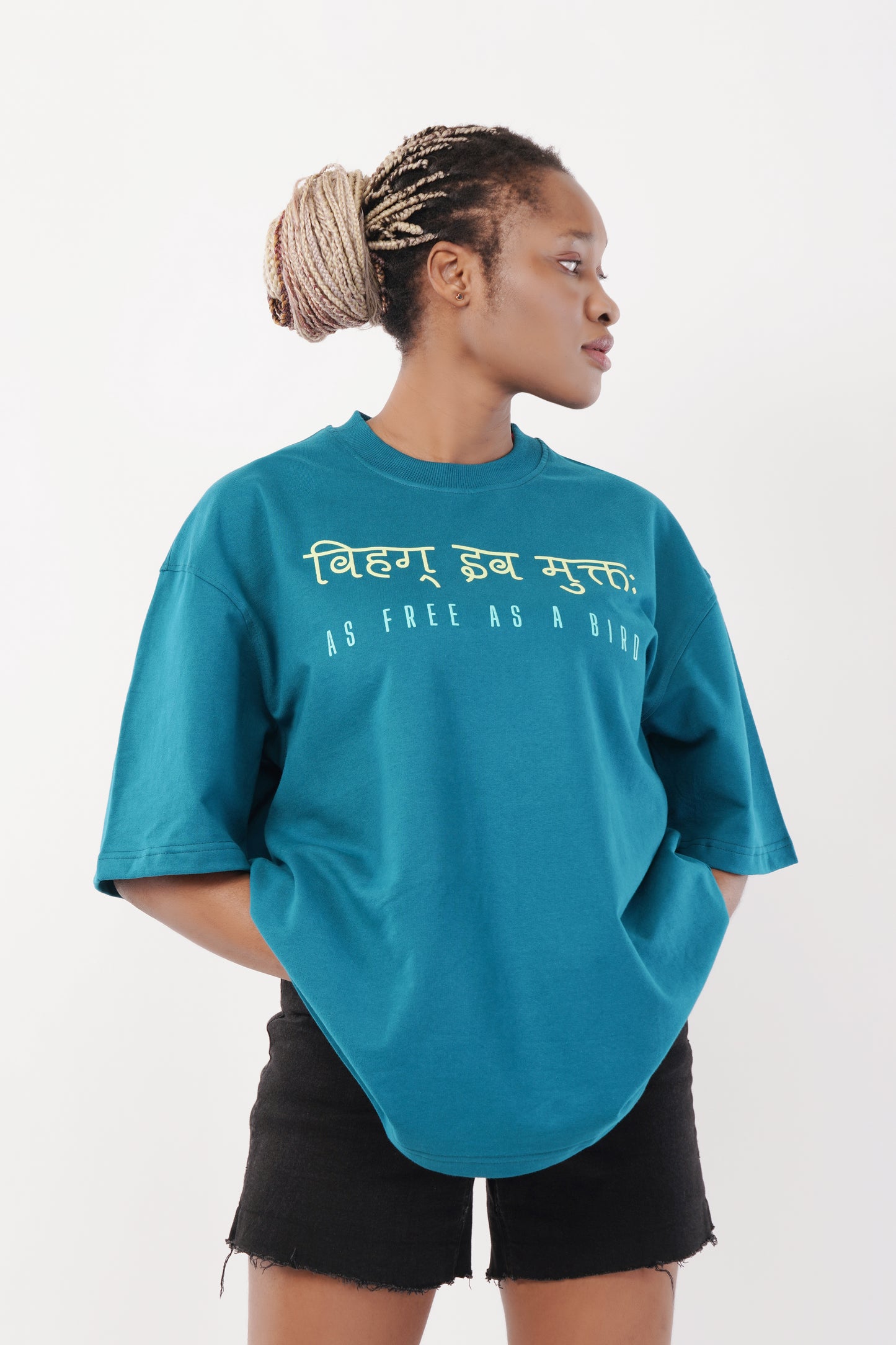 Unisex Full Puff Print "As Free As A Bird" Dark Teal Oversized T-Shirt