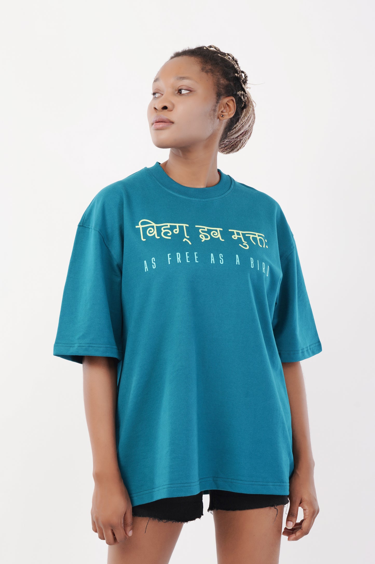 Unisex Full Puff Print "As Free As A Bird" Dark Teal Oversized T-Shirt