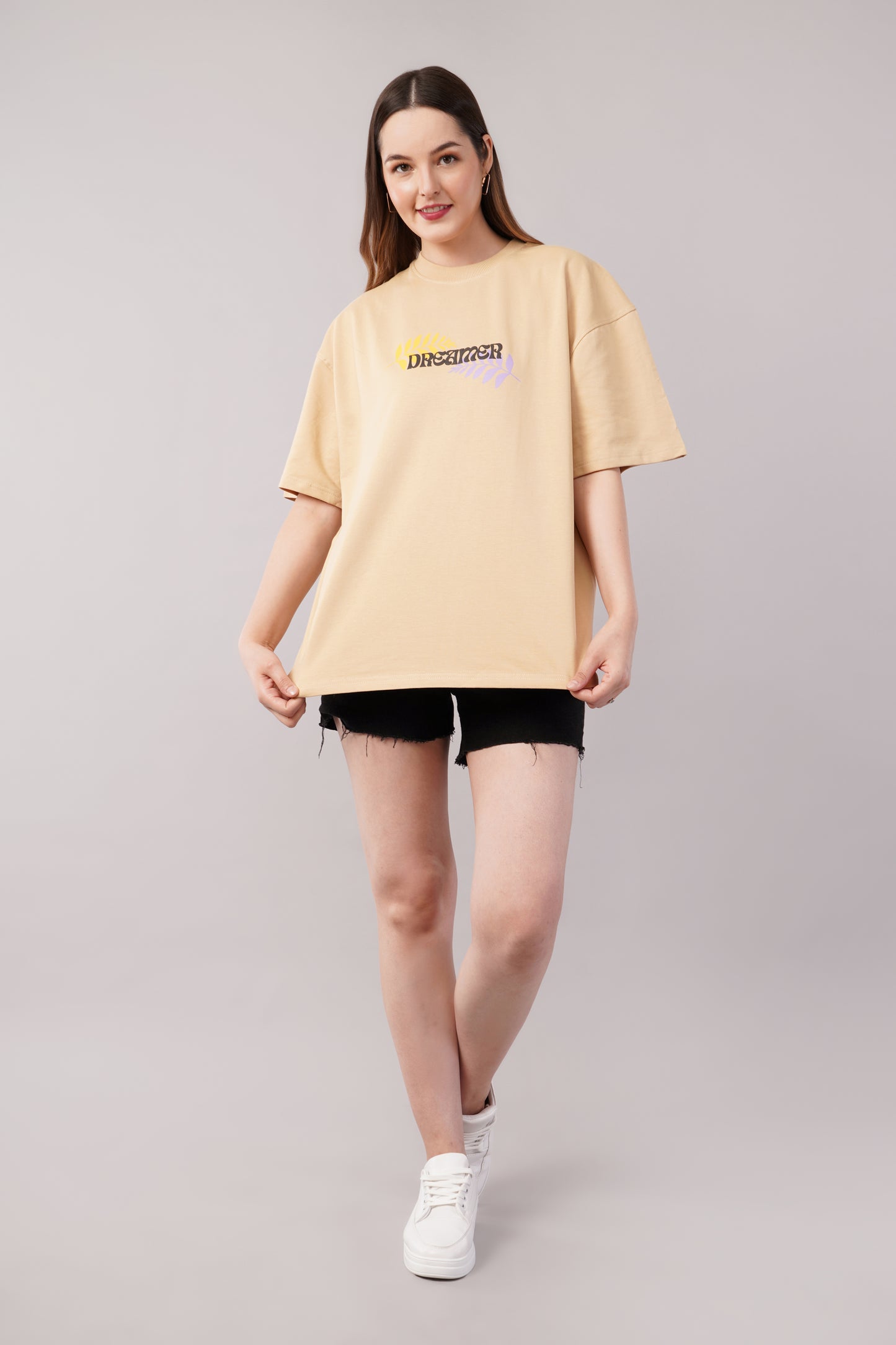 Unisex Puff Print "Dreamer" Beige Oversized T-Shirt