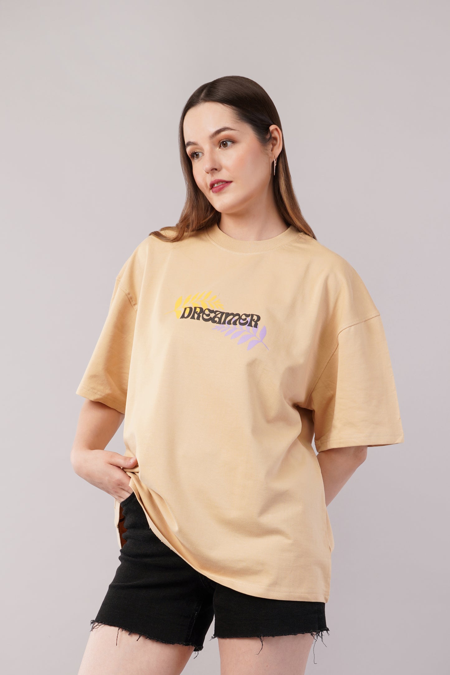 Unisex Puff Print "Dreamer" Beige Oversized T-Shirt