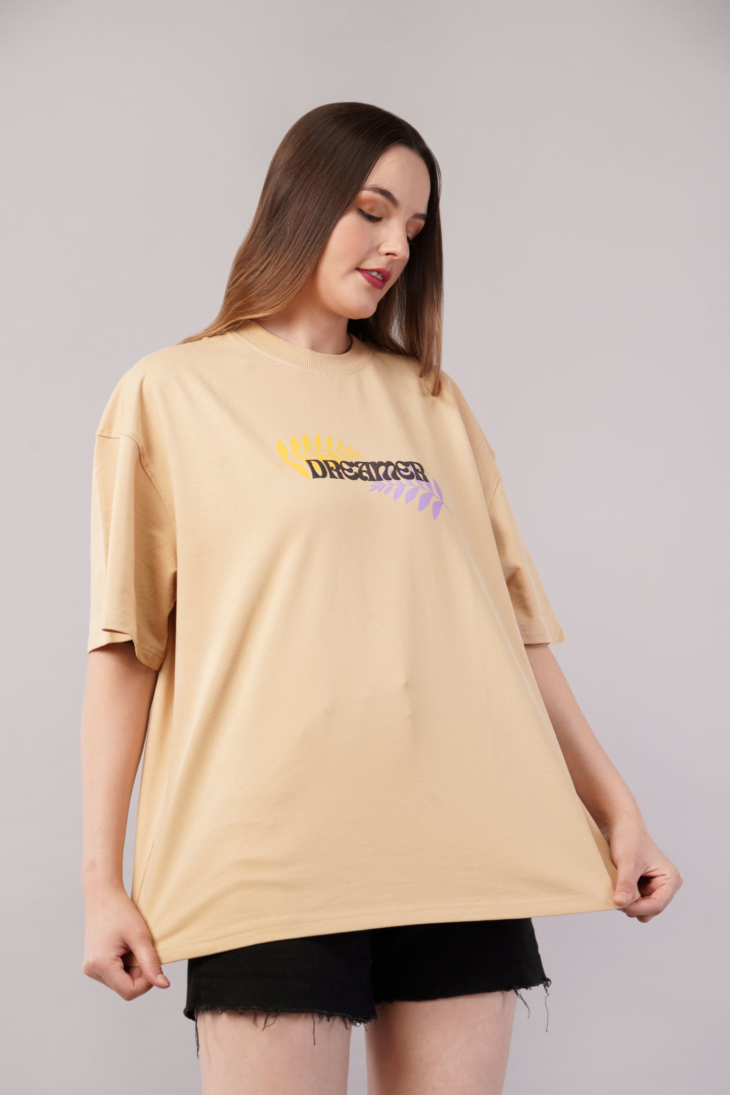 Unisex Puff Print "Dreamer" Beige Oversized T-Shirt
