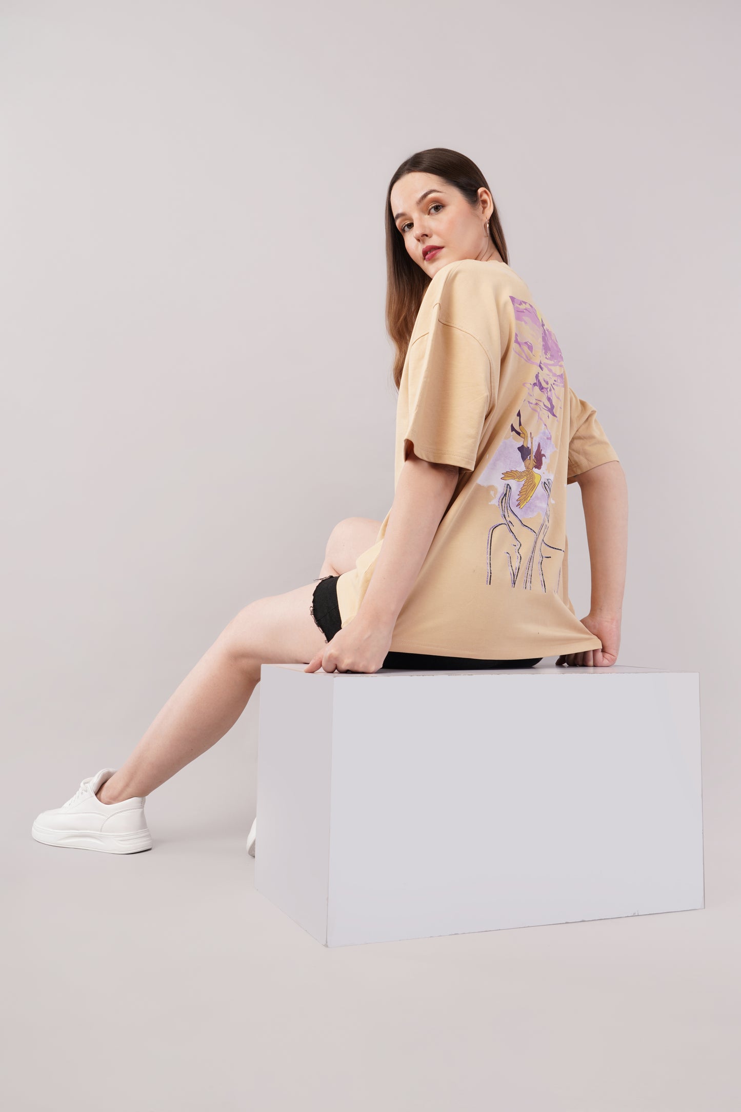 Unisex Puff Print "Dreamer" Beige Oversized T-Shirt