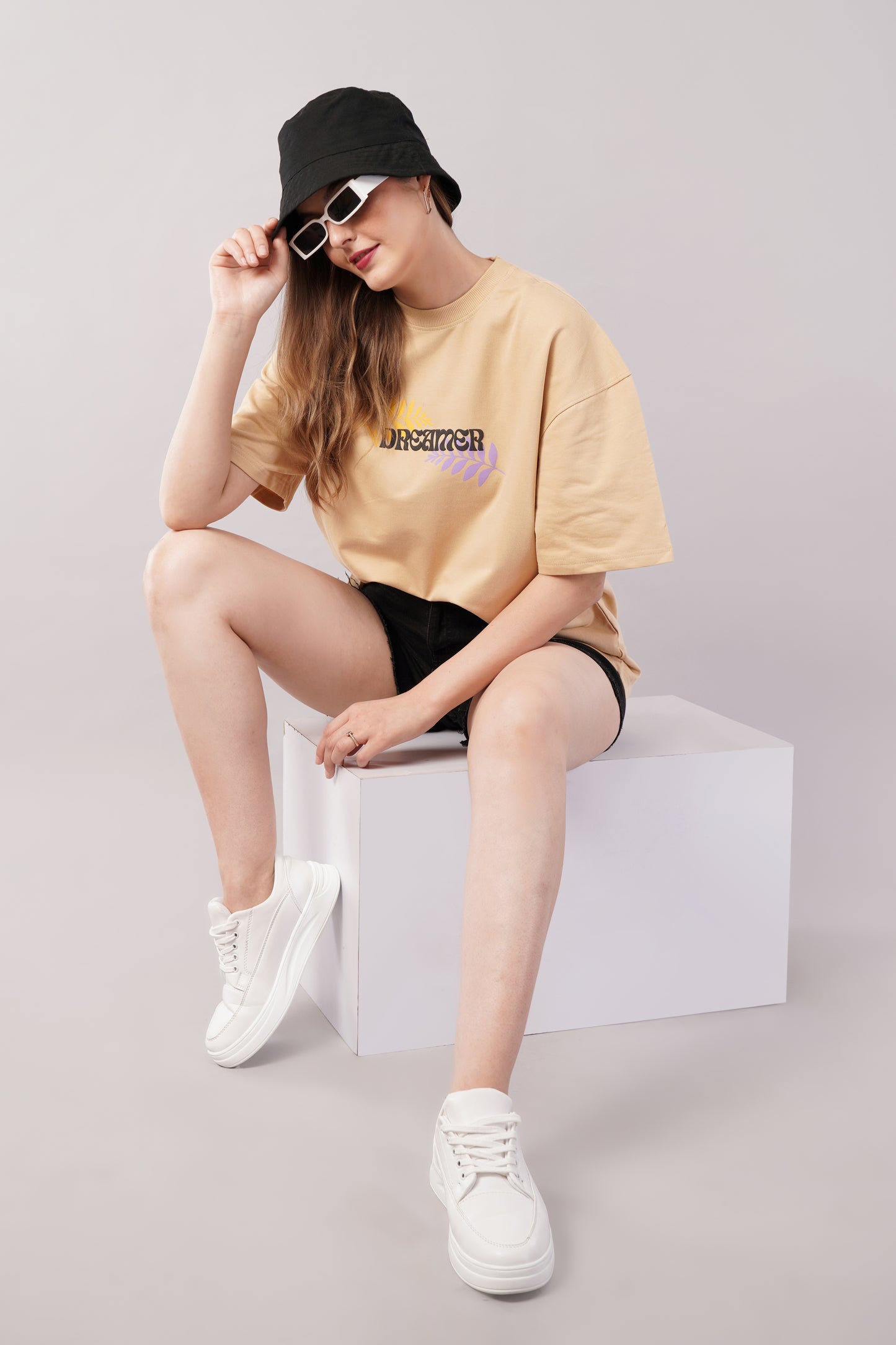 Unisex Puff Print "Dreamer" Beige Oversized T-Shirt