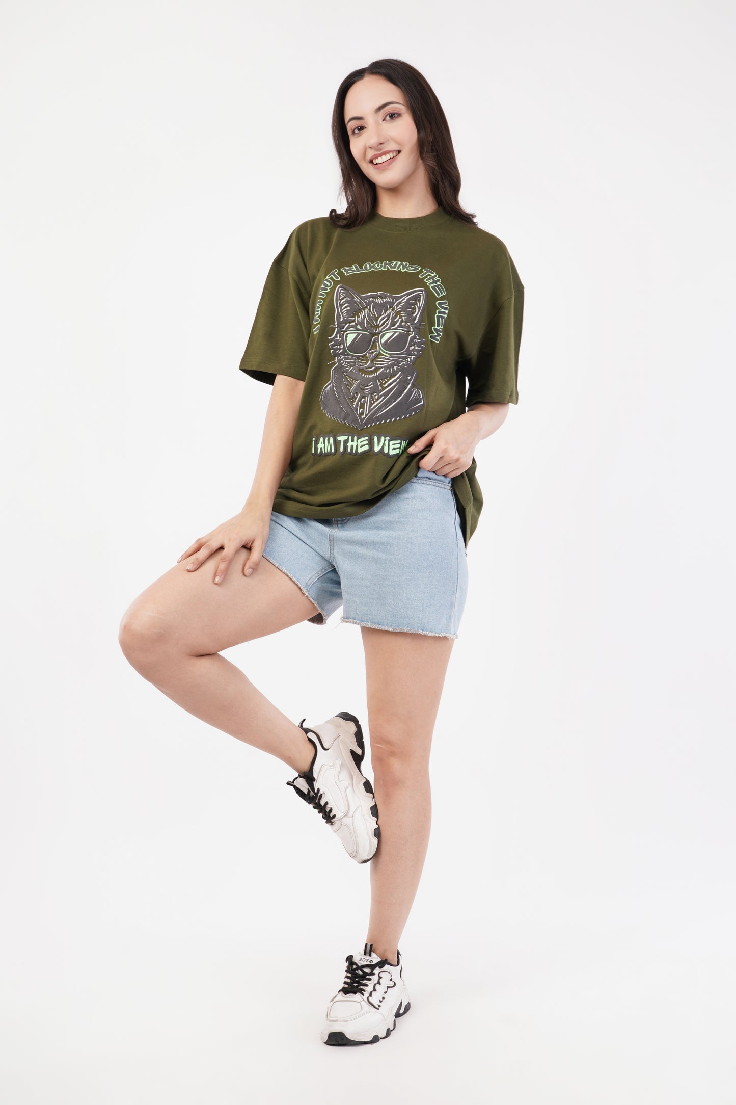 Unisex Puff Print "I am not blocking the view, I am the view" Olive Green Oversized T-Shirt