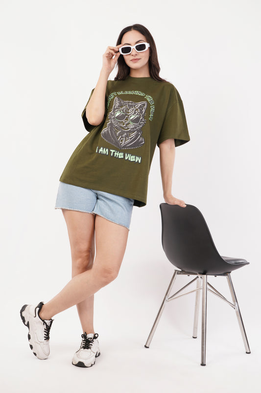Unisex Puff Print "I am not blocking the view, I am the view" Olive Green Oversized T-Shirt