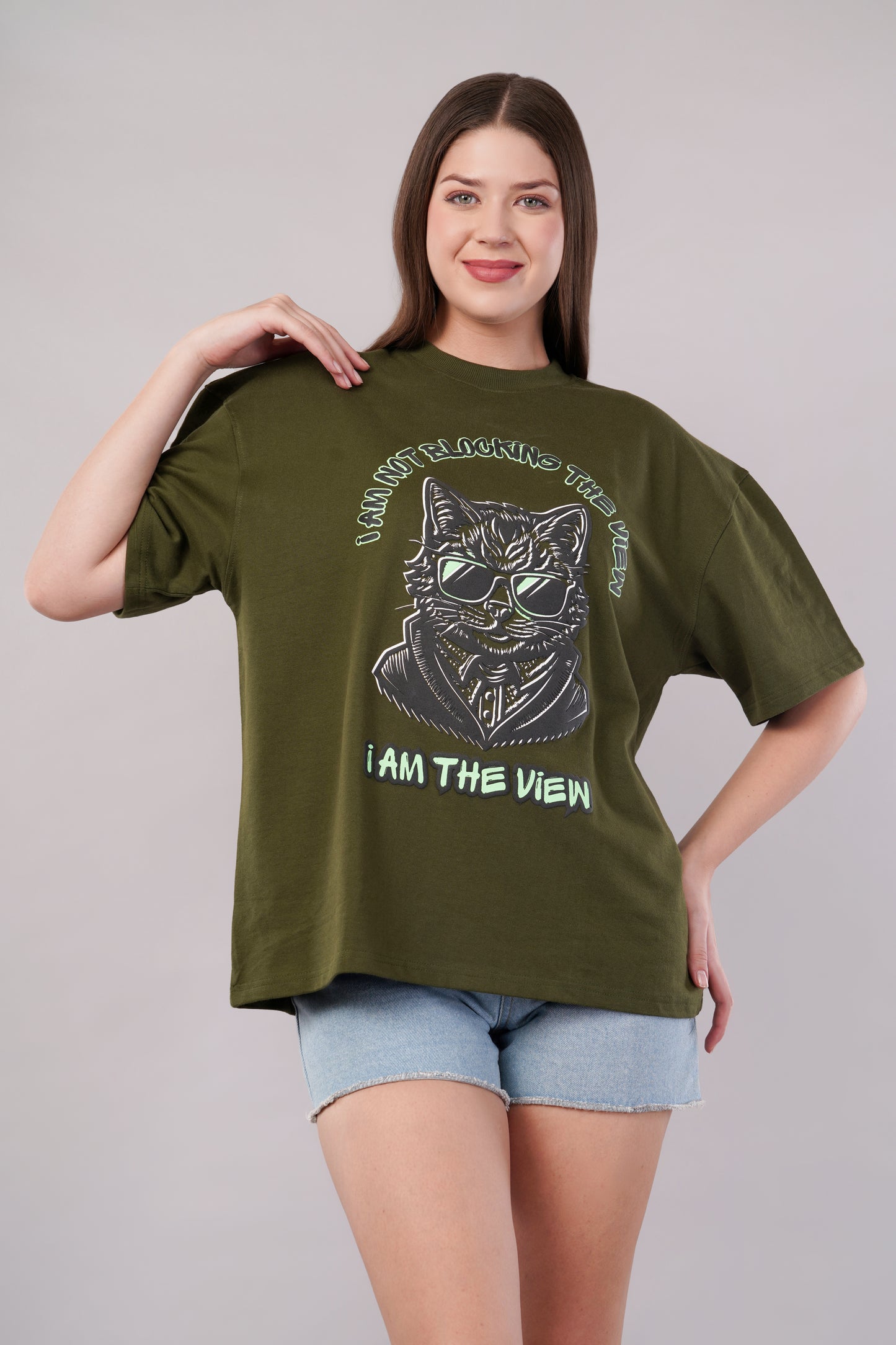 Unisex Puff Print "I am not blocking the view, I am the view" Olive Green Oversized T-Shirt