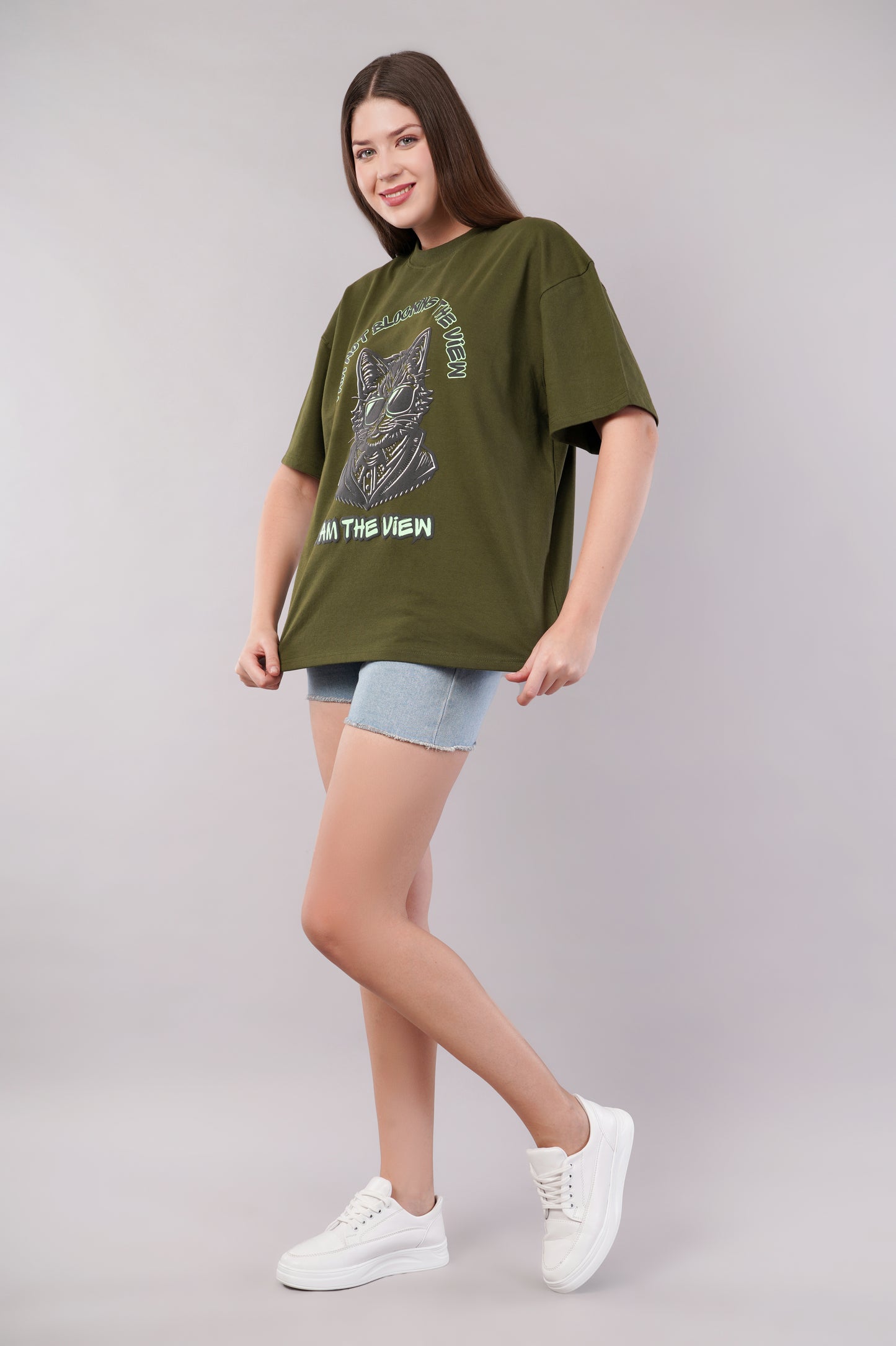 Unisex Puff Print "I am not blocking the view, I am the view" Olive Green Oversized T-Shirt