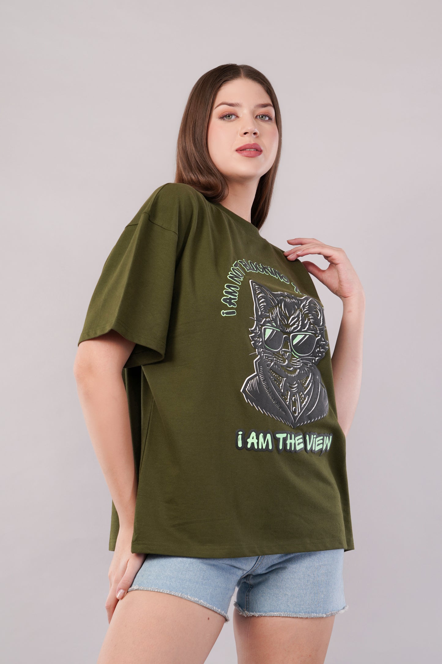 Unisex Puff Print "I am not blocking the view, I am the view" Olive Green Oversized T-Shirt