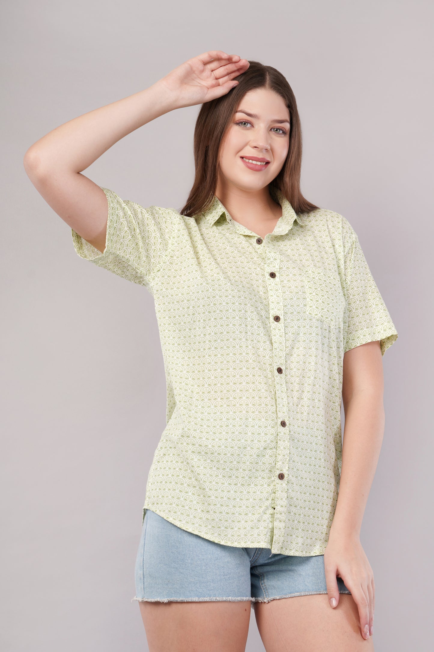 Unisex Green Small Pattern Sanganeri Shirt