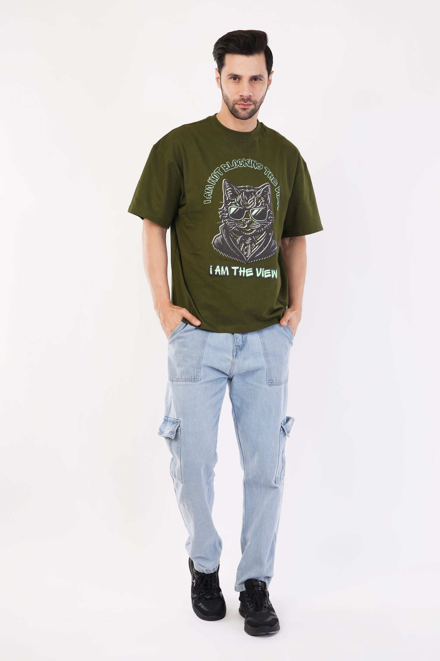 Unisex Puff Print "I am not blocking the view, I am the view" Olive Green Oversized T-Shirt