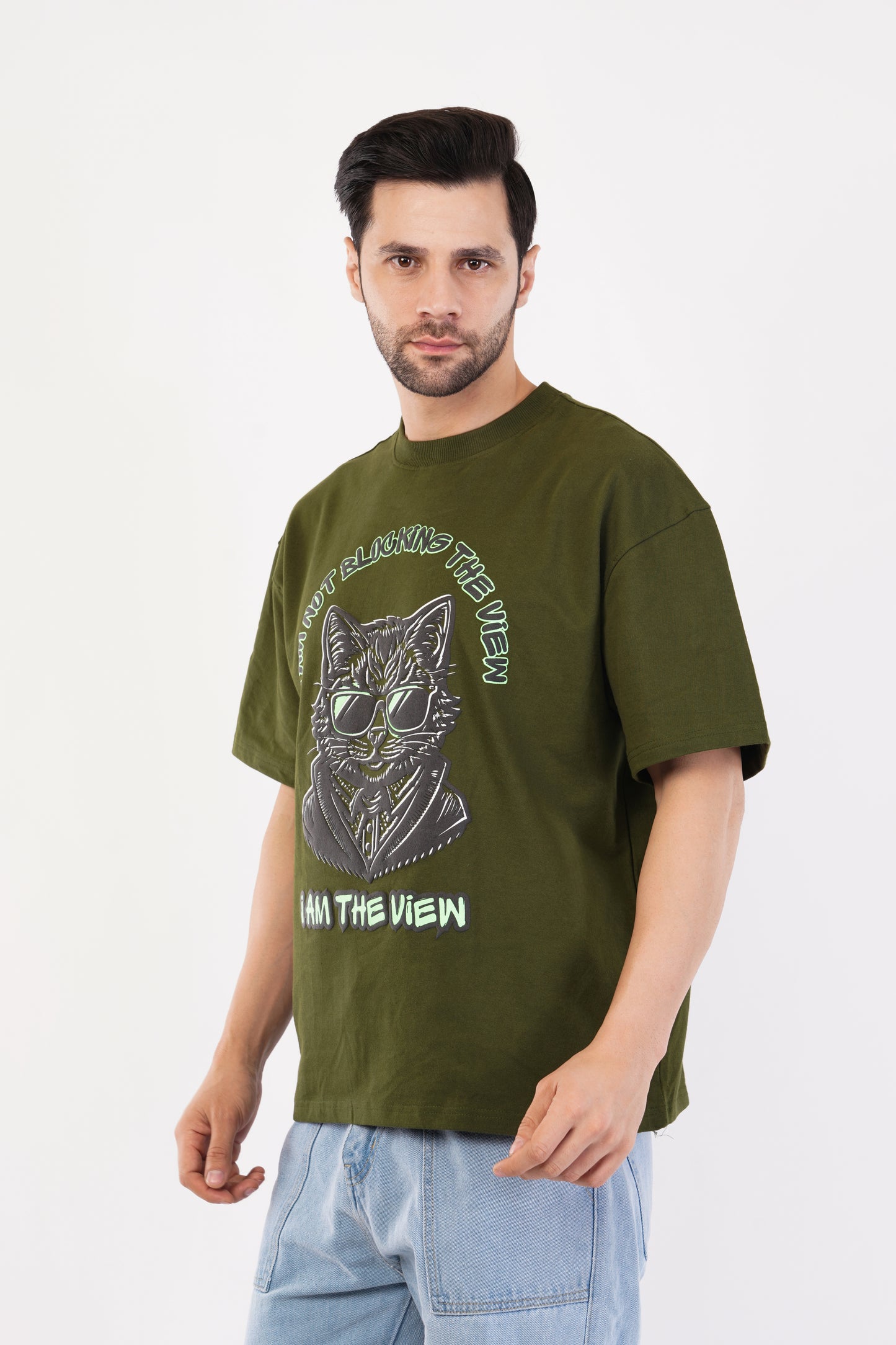 Unisex Puff Print "I am not blocking the view, I am the view" Olive Green Oversized T-Shirt
